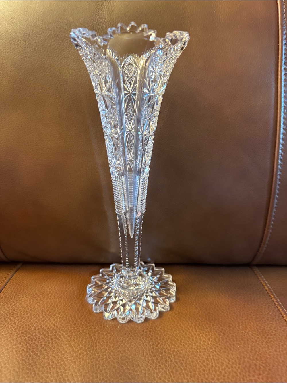 VTG early 1900s TG Hawkes American Brilliant Period cut crystal trumpet vase